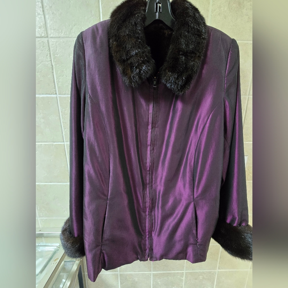 Elegant Custom made Purple Women's Jacket with Faux Fur Lining and Mink Trim